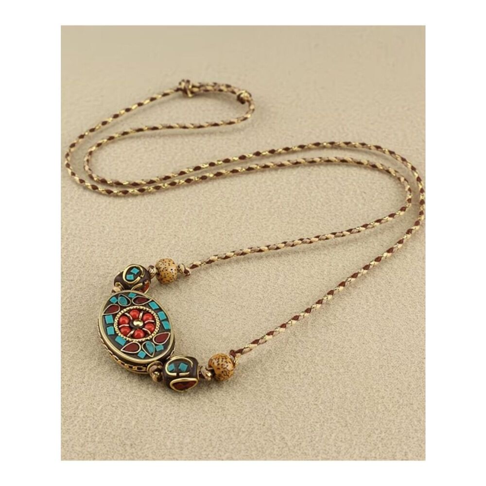 Handcrafted Nepalese Bead Pendant Adjustable Braided Two-Tone Cord Necklace